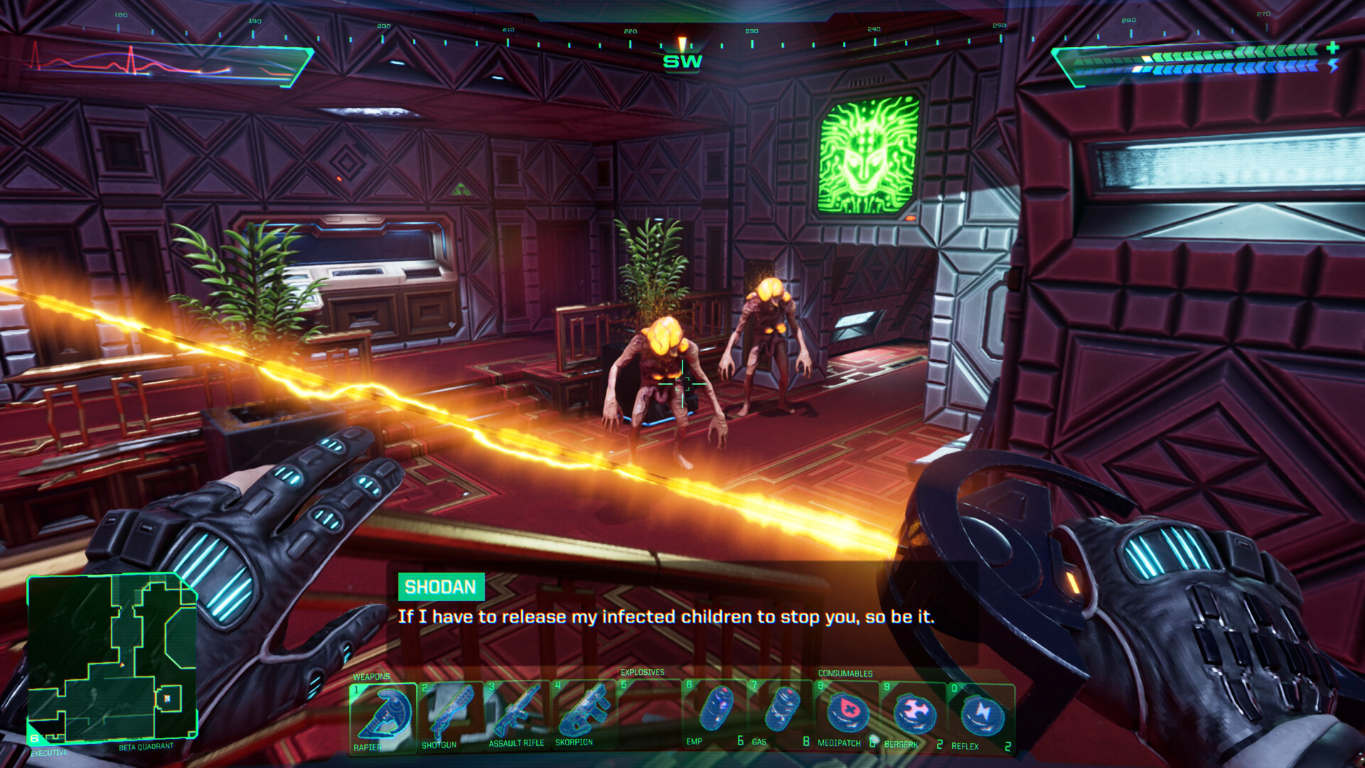 A beam weapon fires at enemies inside Citadel Station.