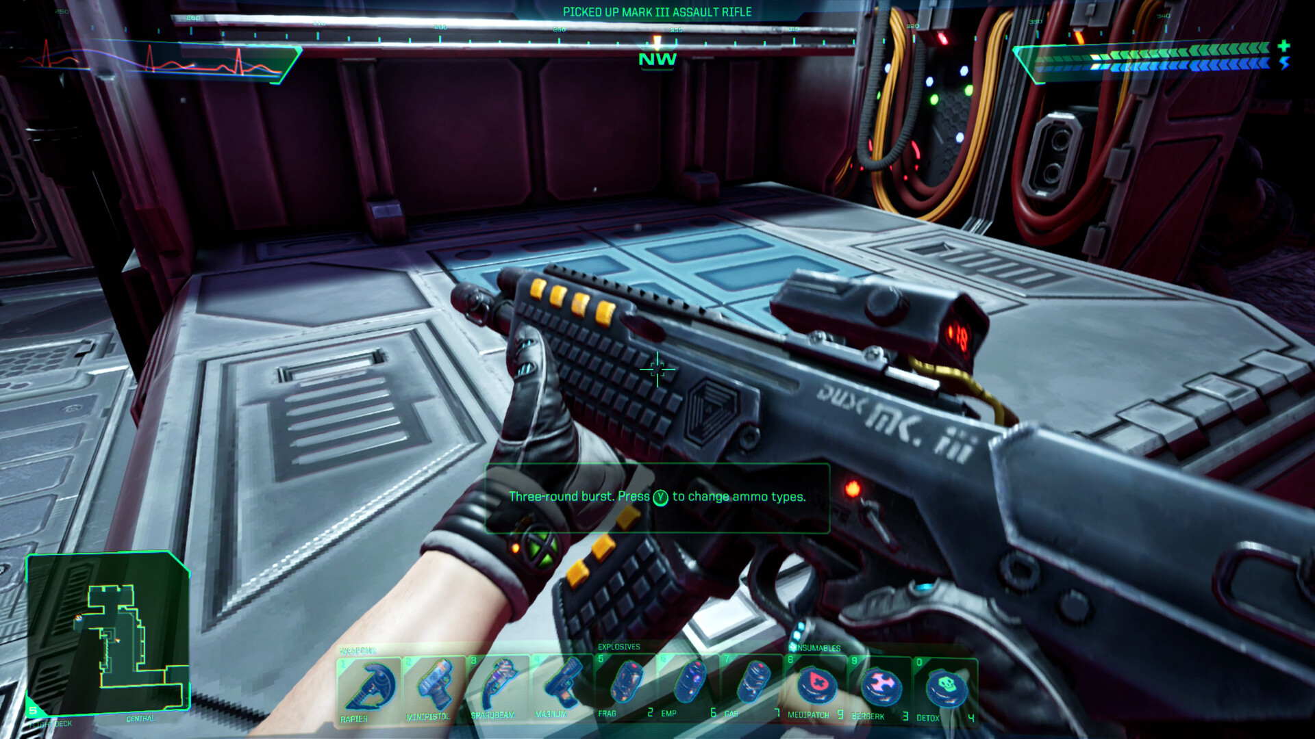 A first-person view of a weapon and equipment inside a station room.