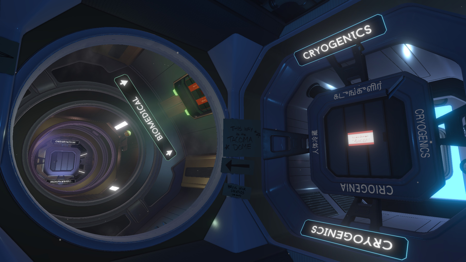 A circular passage leads into a cryogenics area aboard Tacoma.