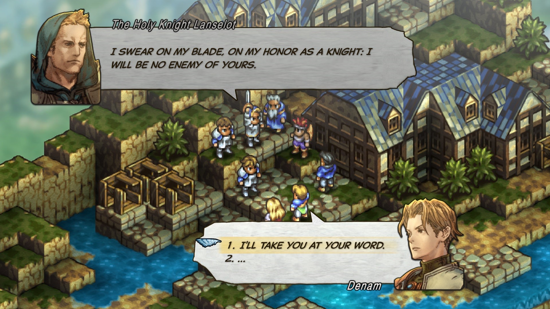 Denam responds to Lanselot in an isometric town scene.