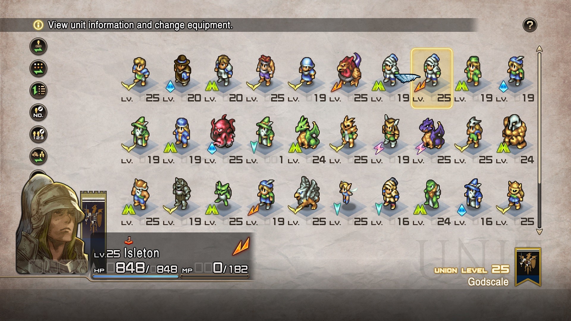 The unit information screen displays a roster of classes and levels.