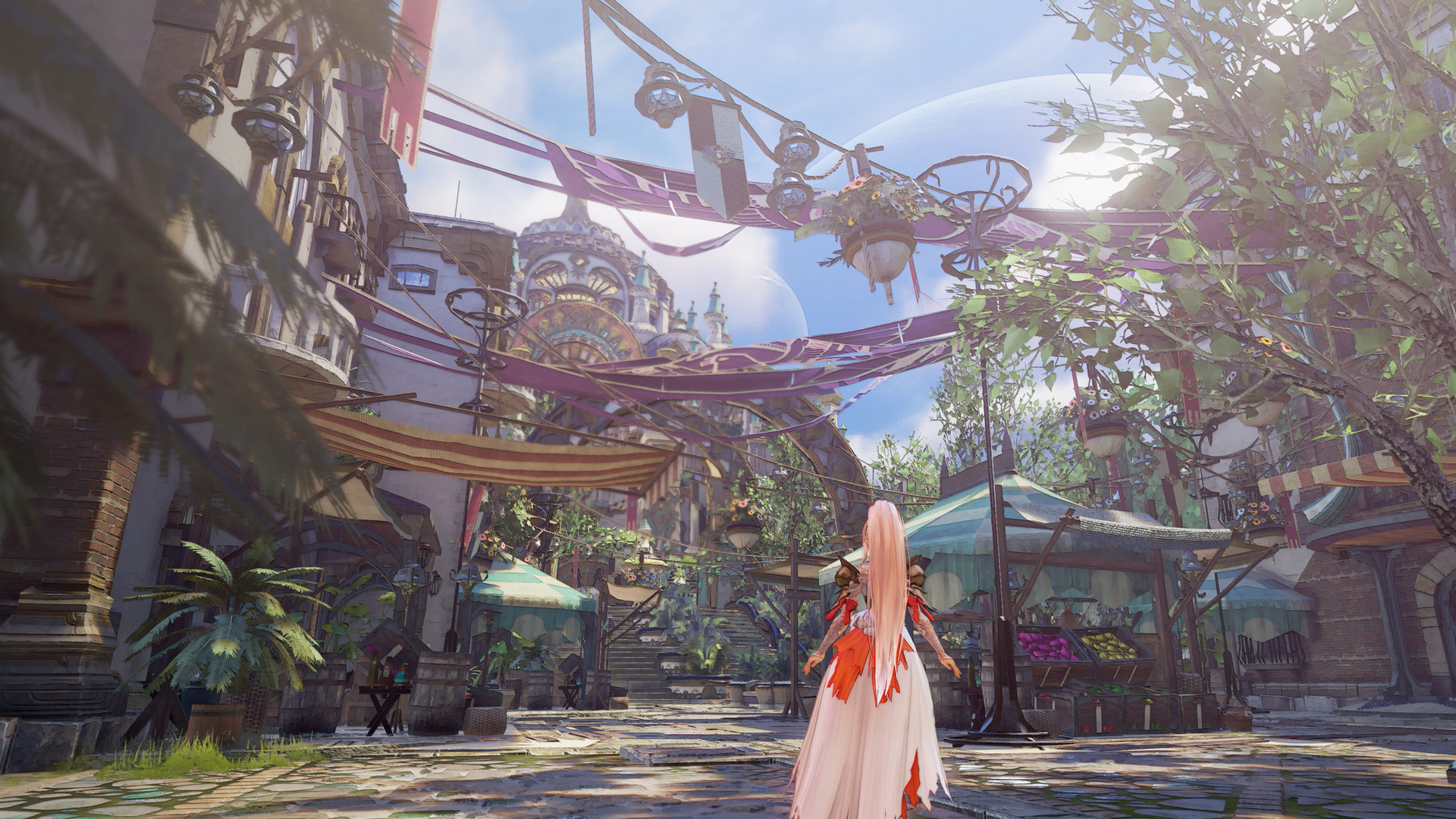 A character enters a town beneath hanging banners and stone arches.