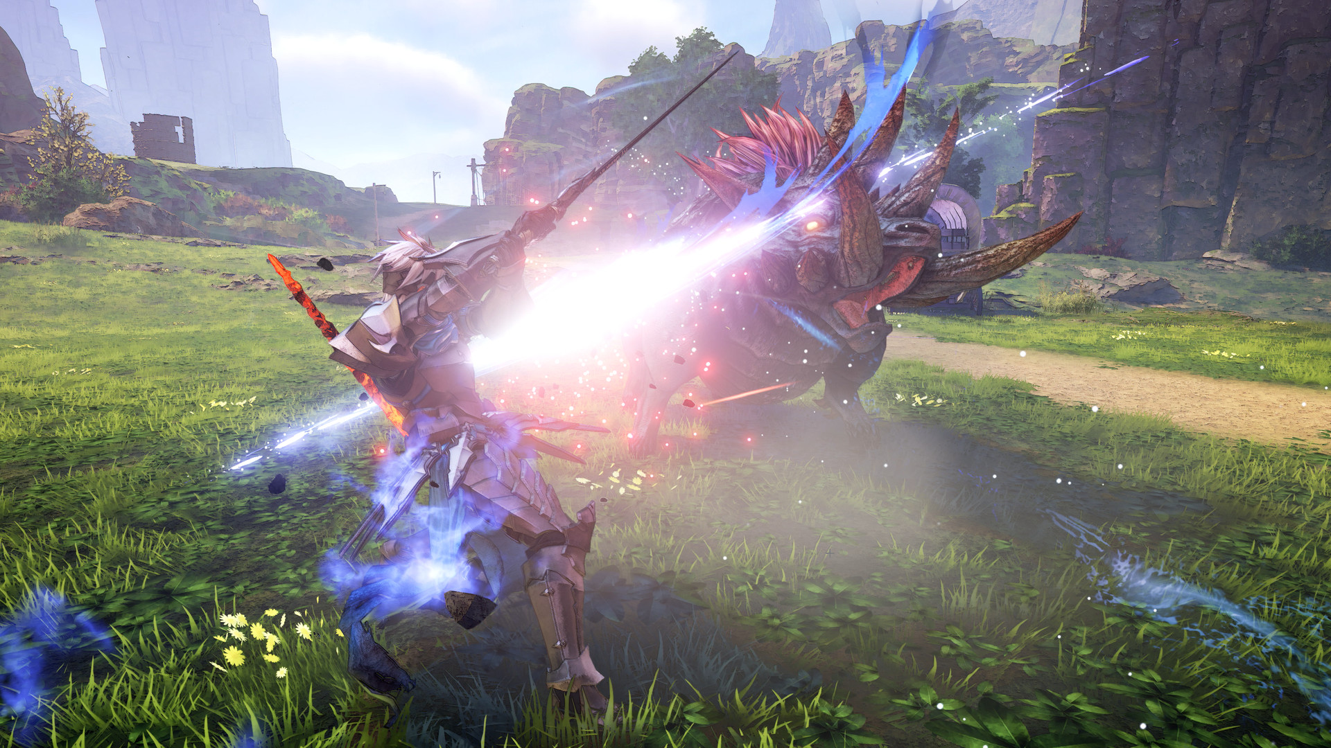 A fighter attacks a large creature across an open field.