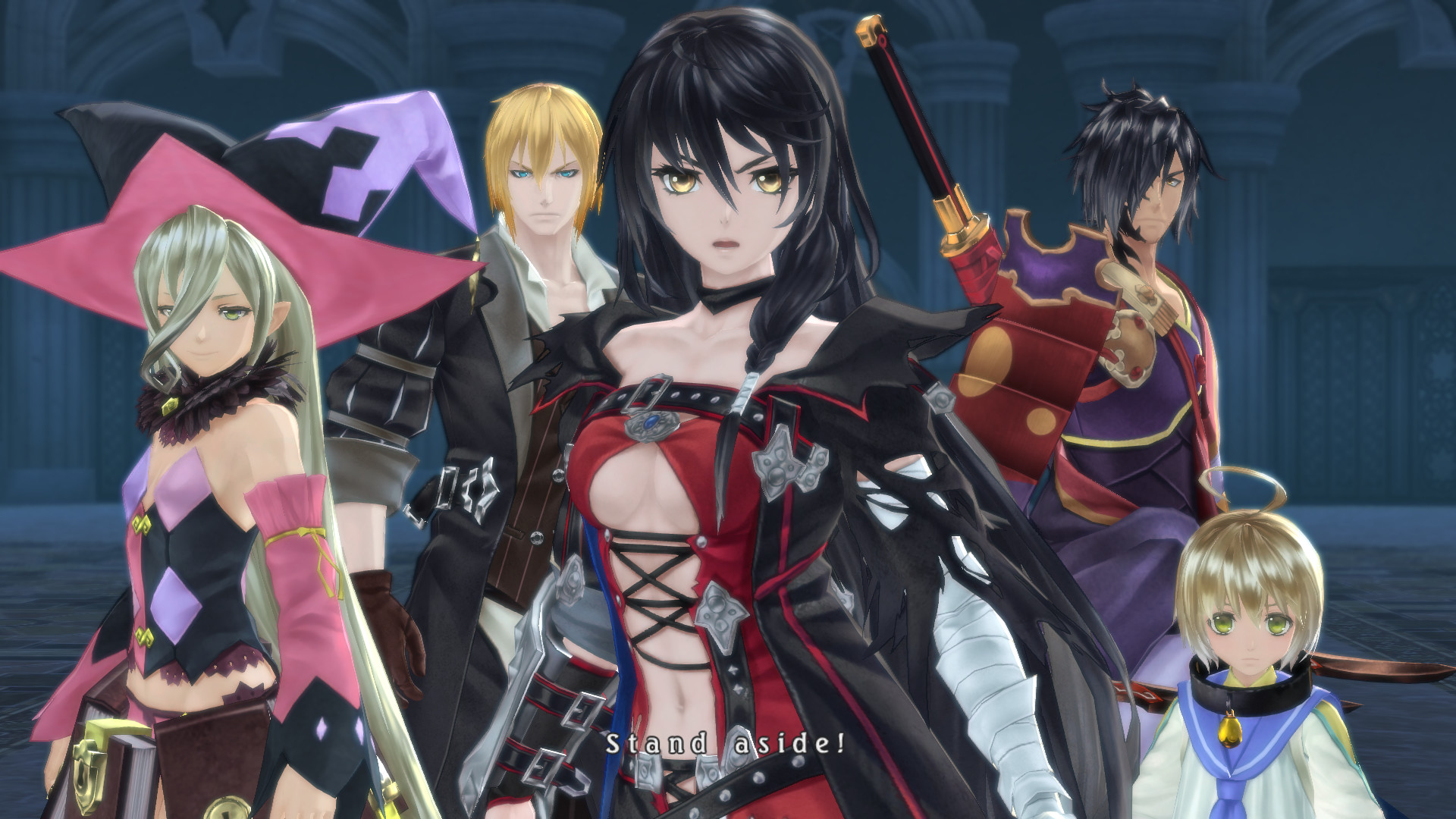 Velvet stands with her companions inside a stone hall.