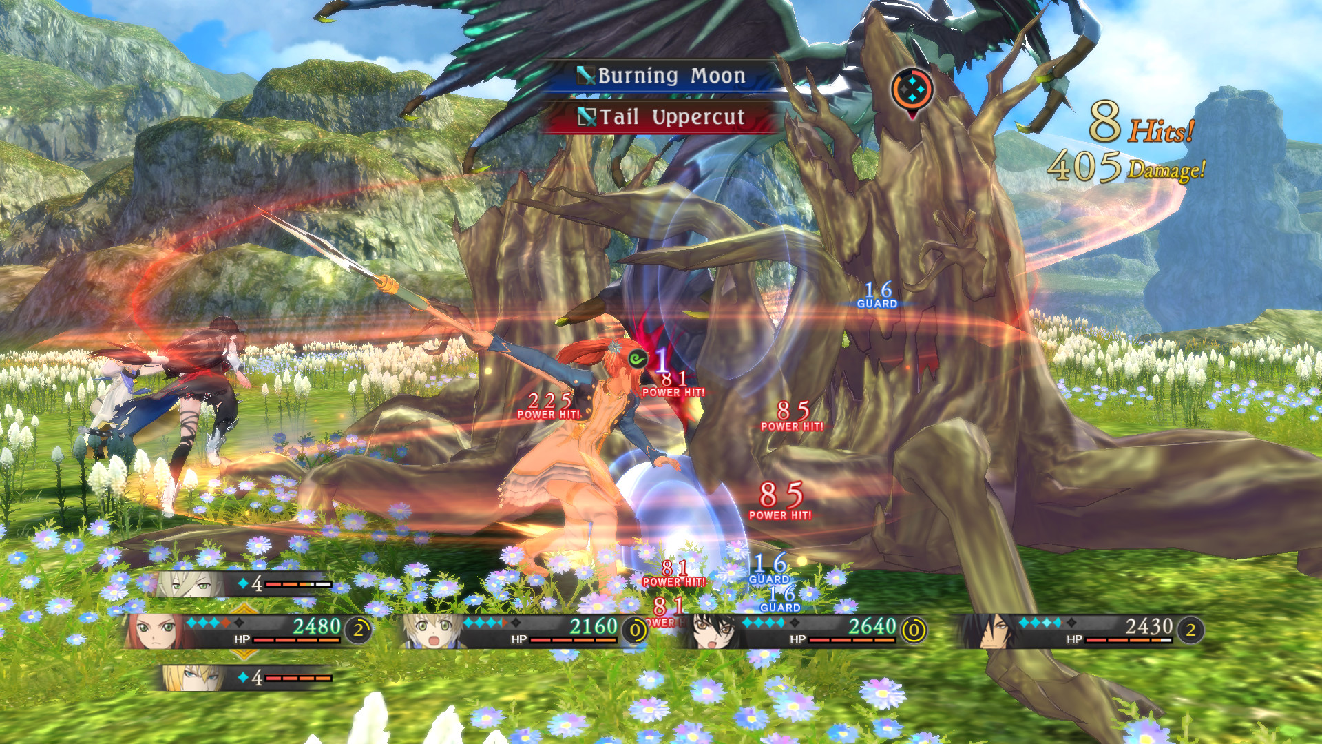 The party fights a large creature in a grassy clearing.