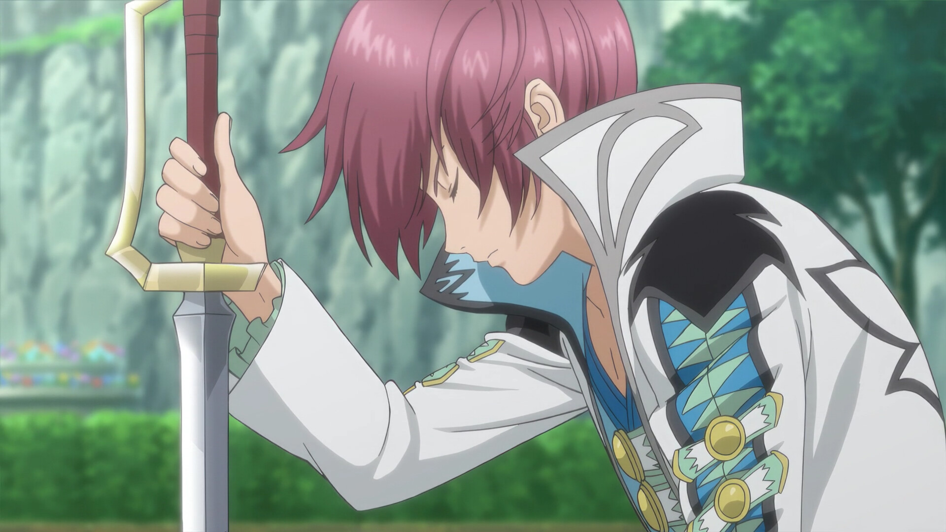 Asbel lowers his sword in a woodland scene.