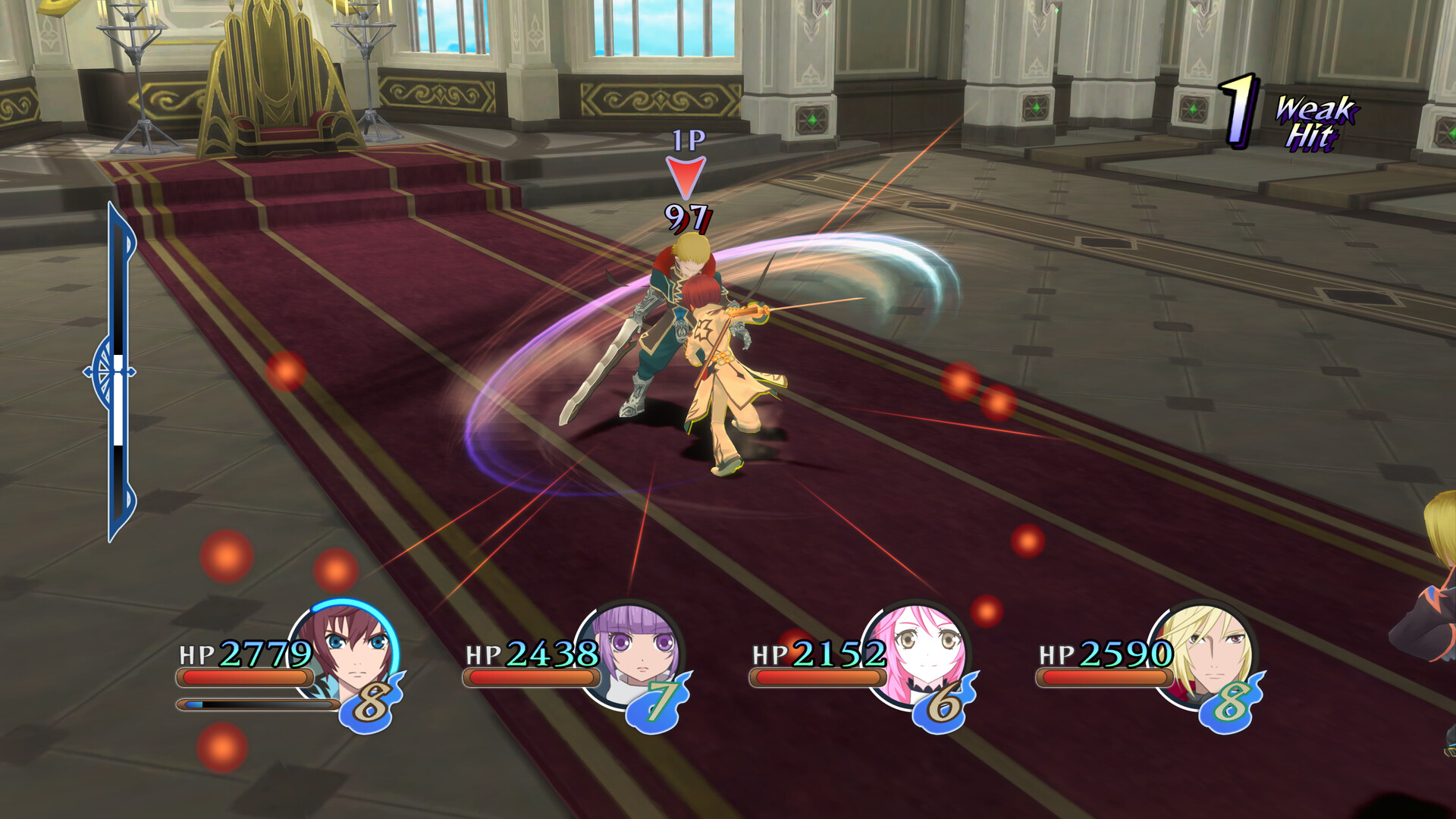 The party fights an enemy inside an ornate hall.