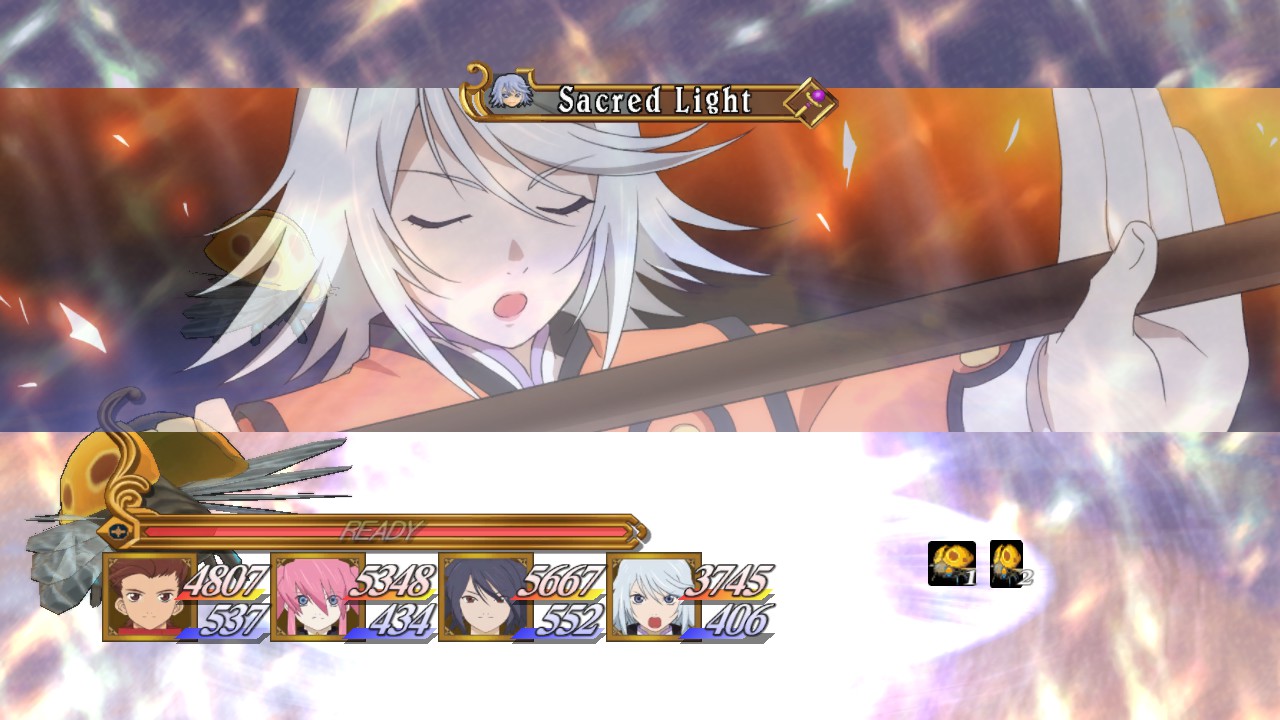Colette performs Sacred Light during a four-character battle.