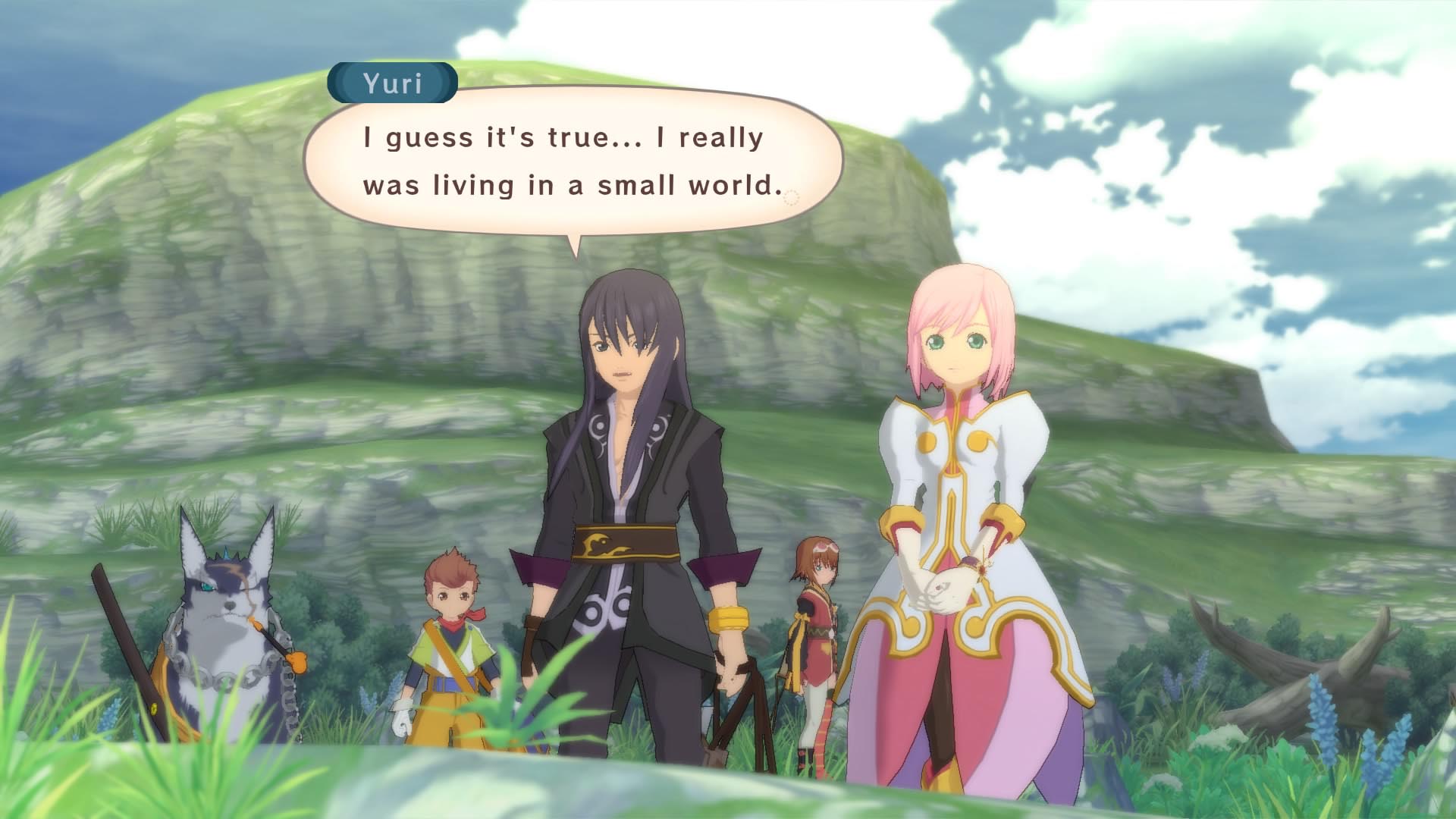Yuri and Estelle talk with companions outdoors.