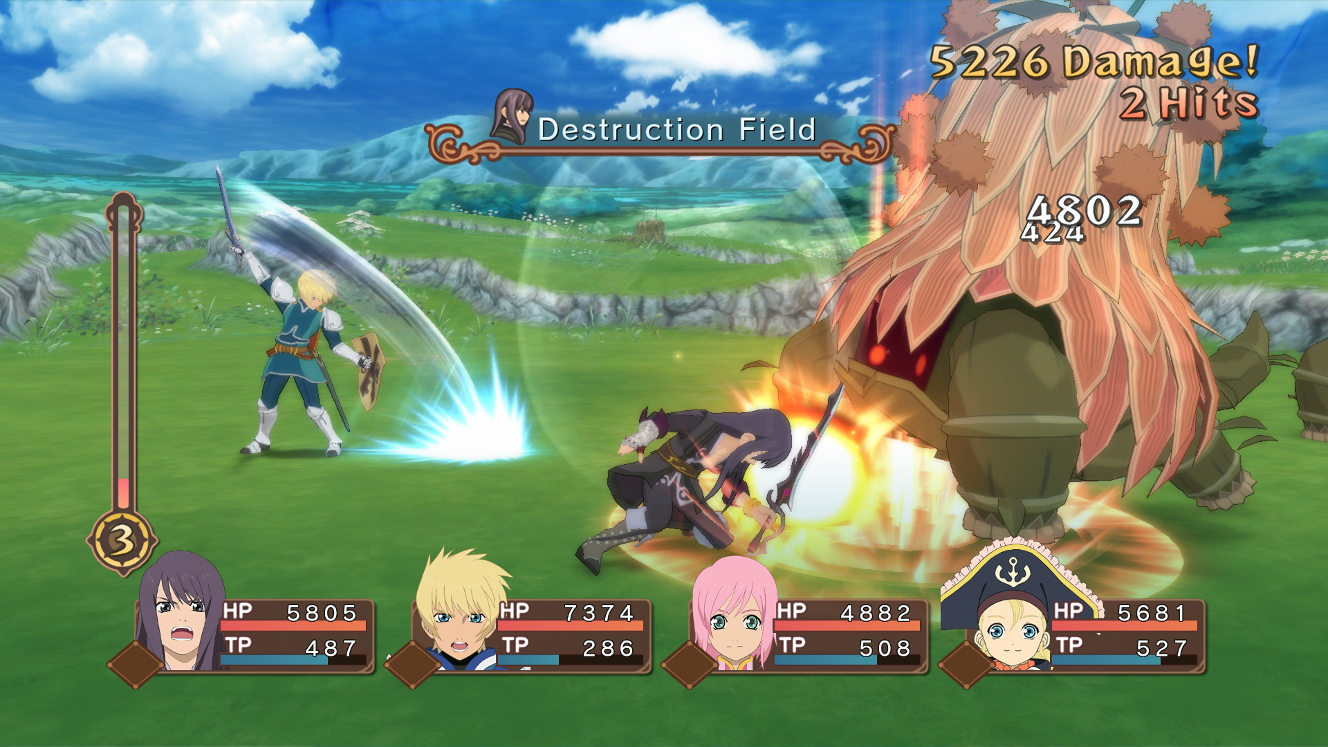 The party fights a large enemy on a grassy field.