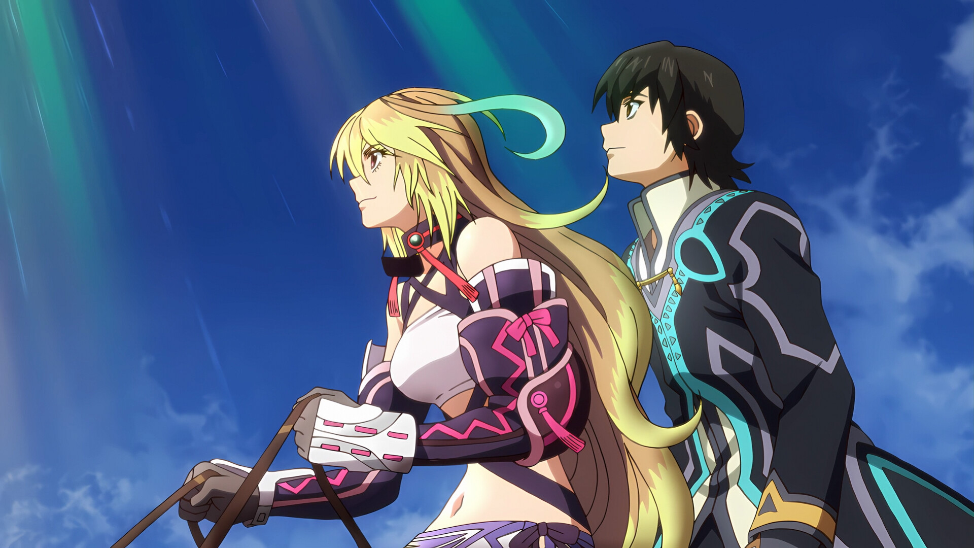 Milla and Jude travel together beneath a blue sky.
