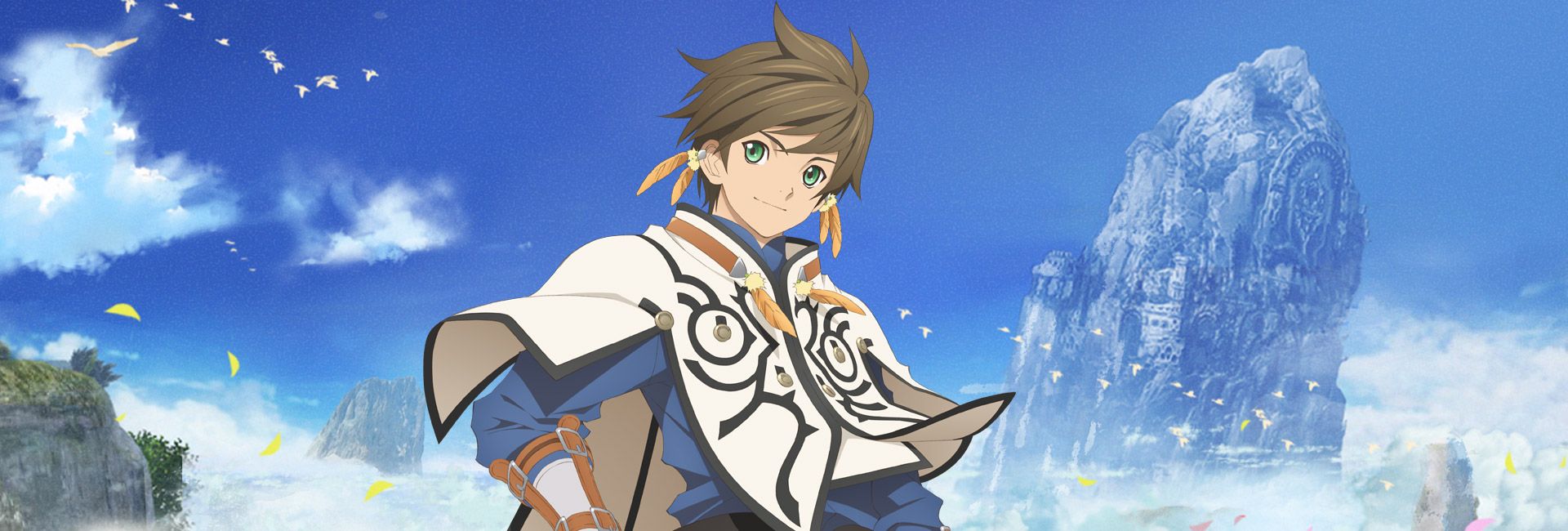 Sorey stands before a bright fantasy landscape in official Tales of Zestiria artwork.