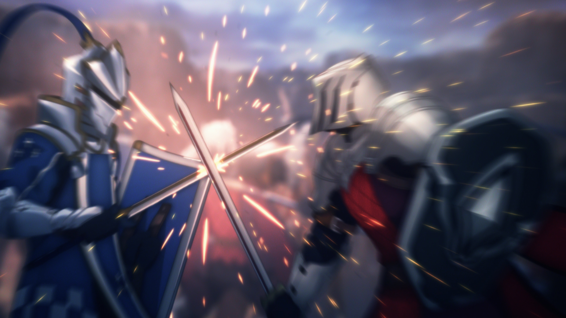 Armoured fighters clash swords in an animated scene.