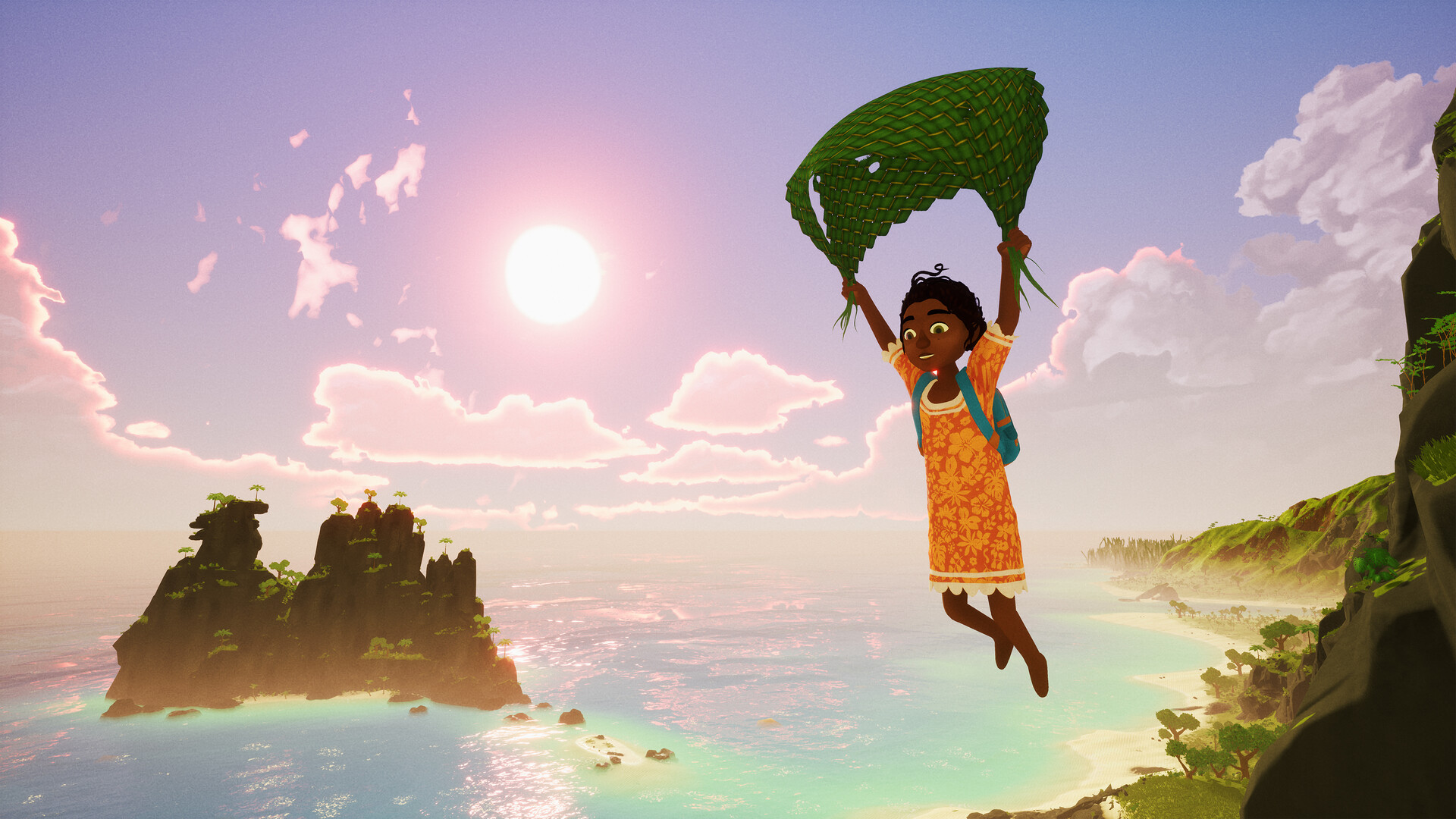 Tchia glides above the islands beneath a leaf canopy.