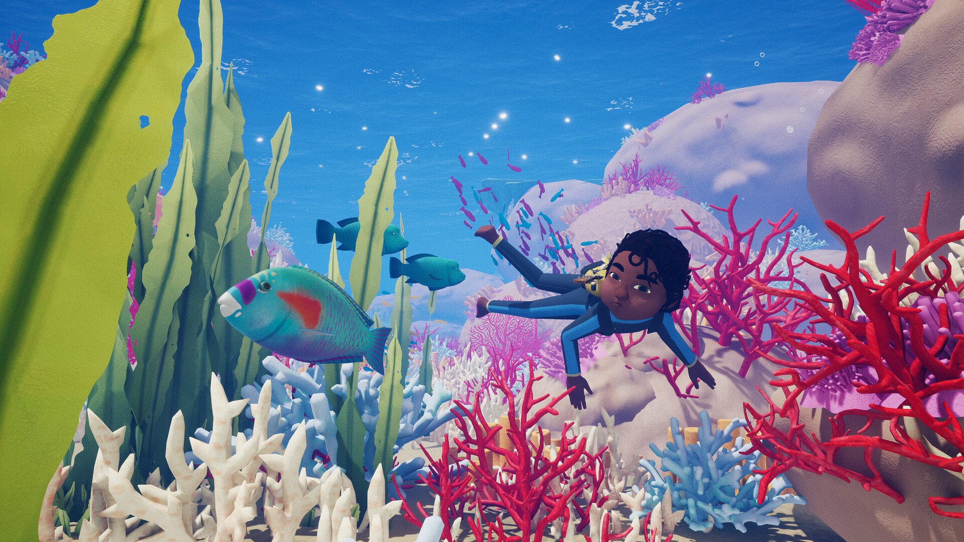 Tchia swims beside colourful fish and coral beneath the water.