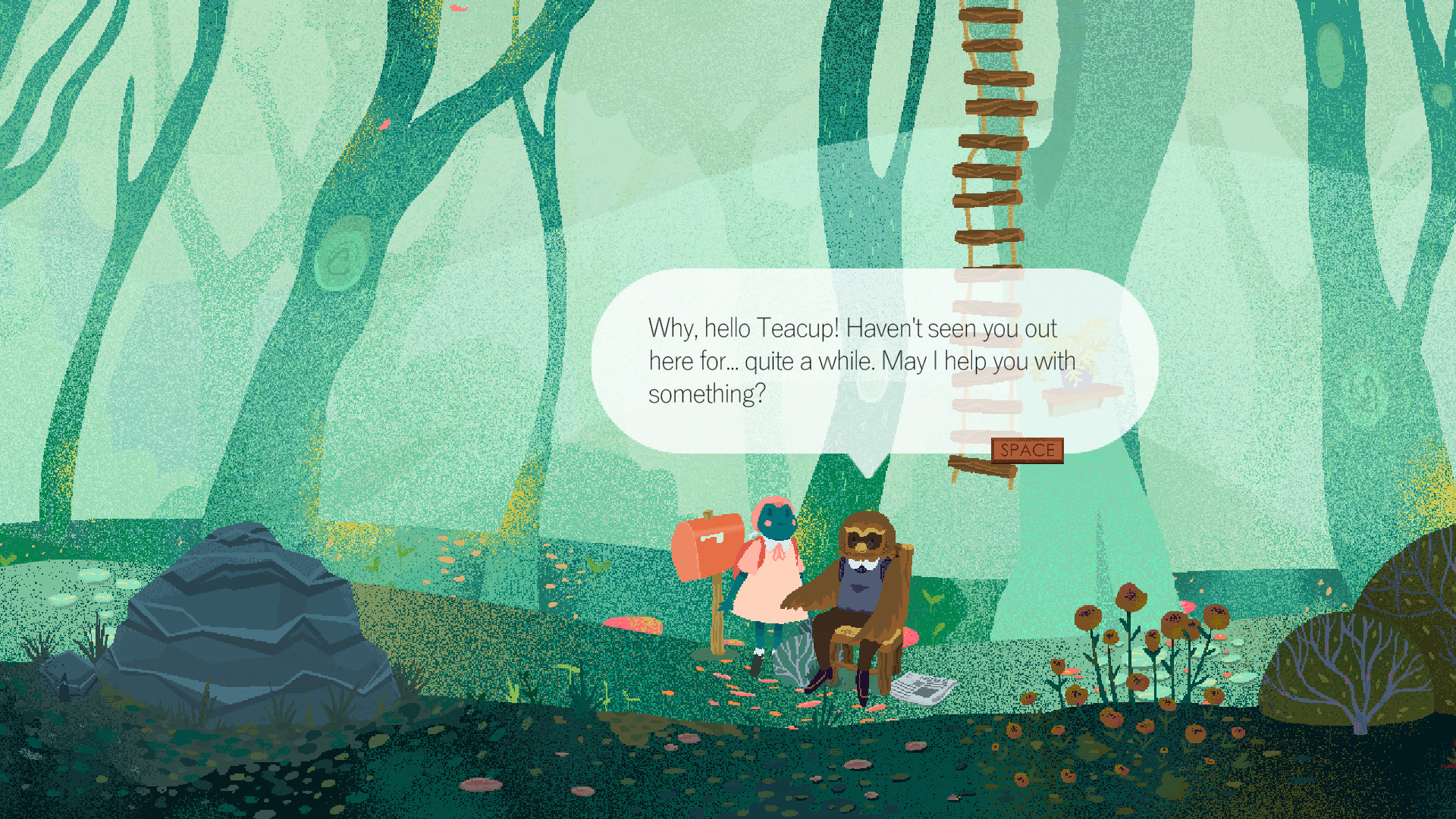 Teacup speaks with a seated woodland resident beneath a rope ladder.