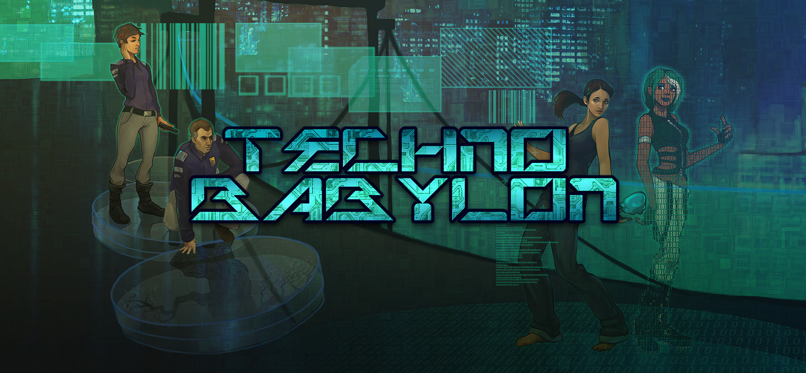 Official GOG art places the Technobabylon title over the cast and a neon city; source is 1600 × 740.