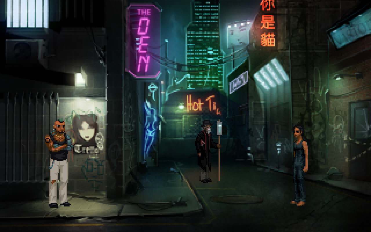 Characters stand in a neon-lit street in Newton.