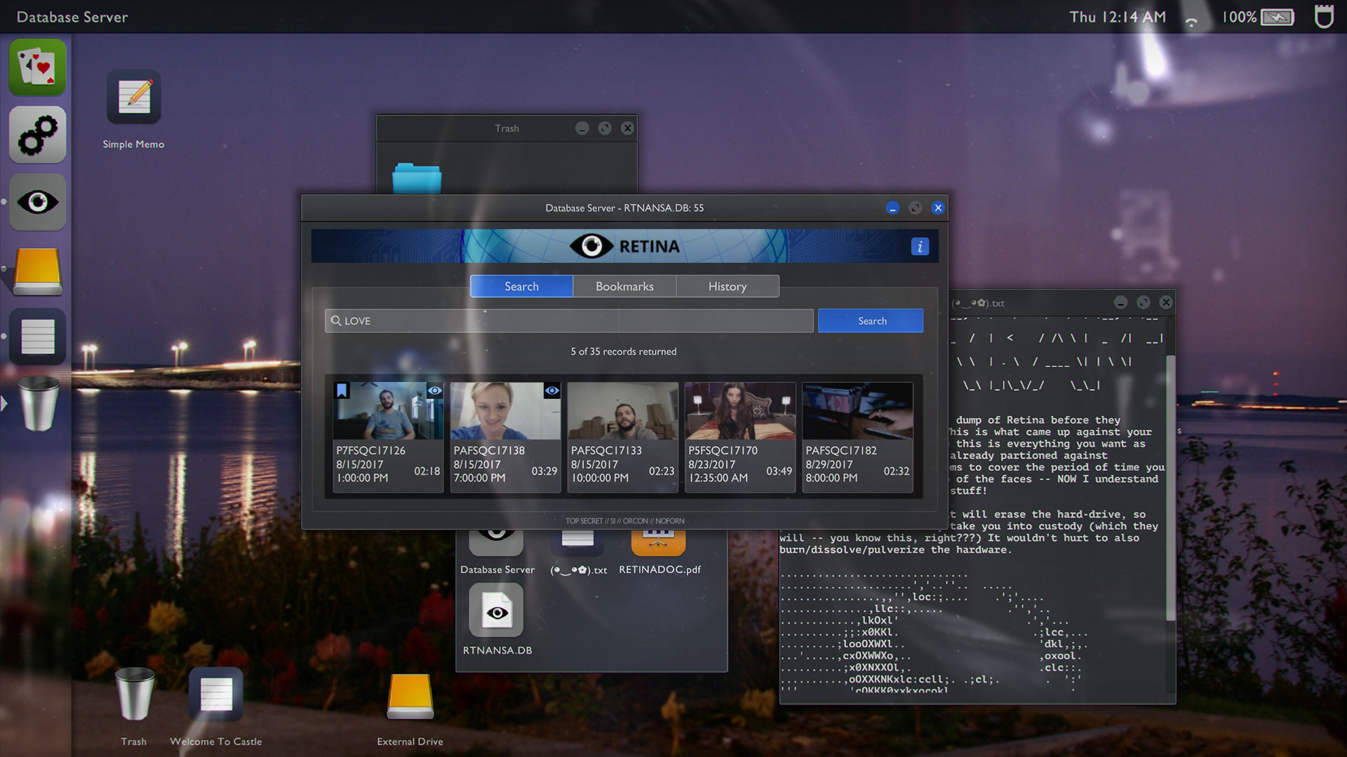 A desktop interface displays the Retina video-search database.