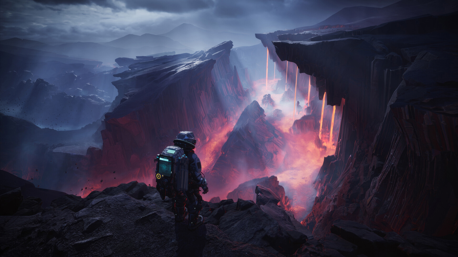 Jan stands before a fissure in a hostile planetary landscape.