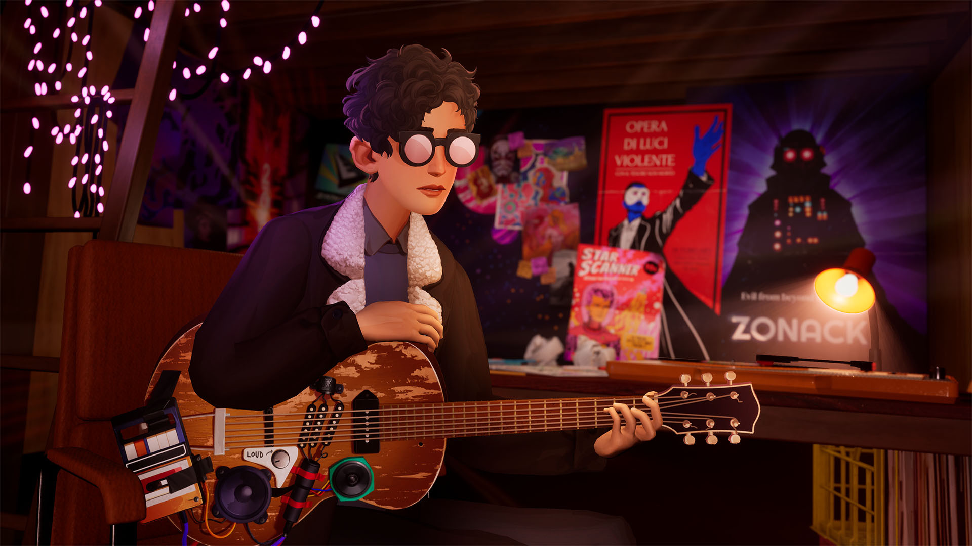 Francis sits with an acoustic guitar in a room filled with music posters.