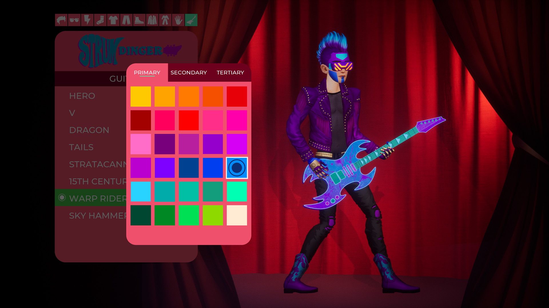 A stage-persona editor shows a brightly dressed guitarist and colour choices.