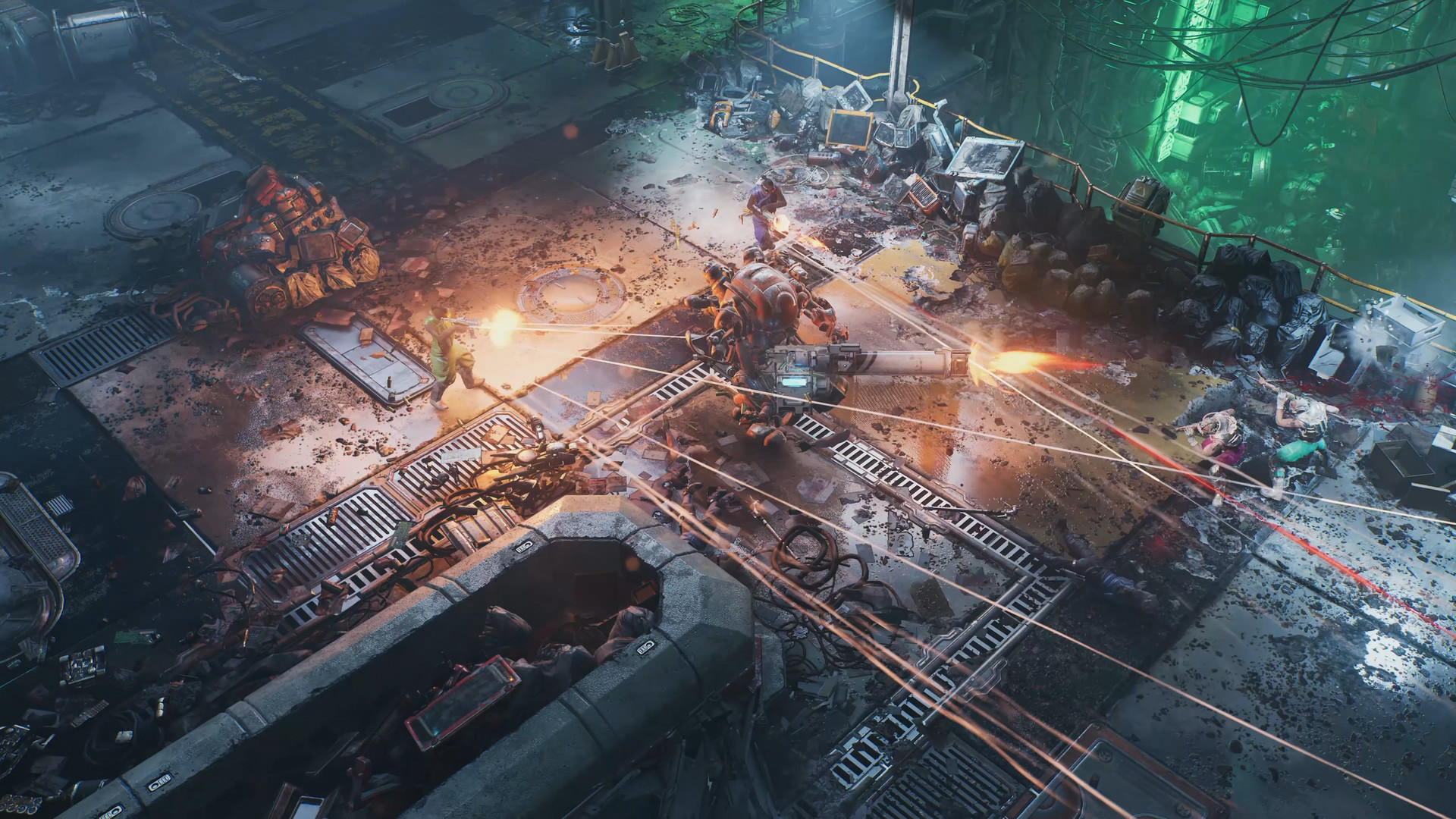 A firefight crosses a metal walkway in the arcology.