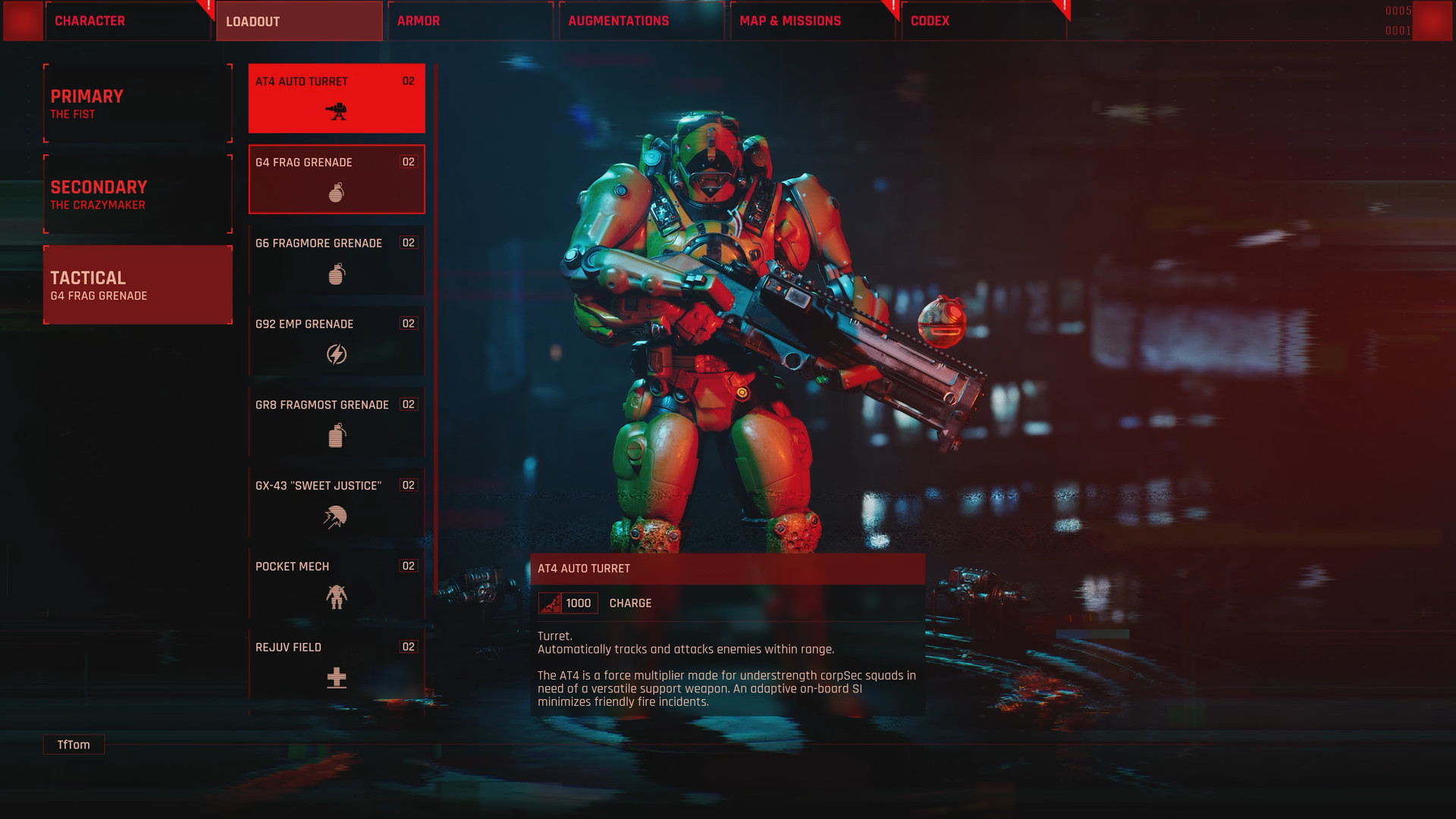 The loadout screen displays an armoured character and equipped weapons.