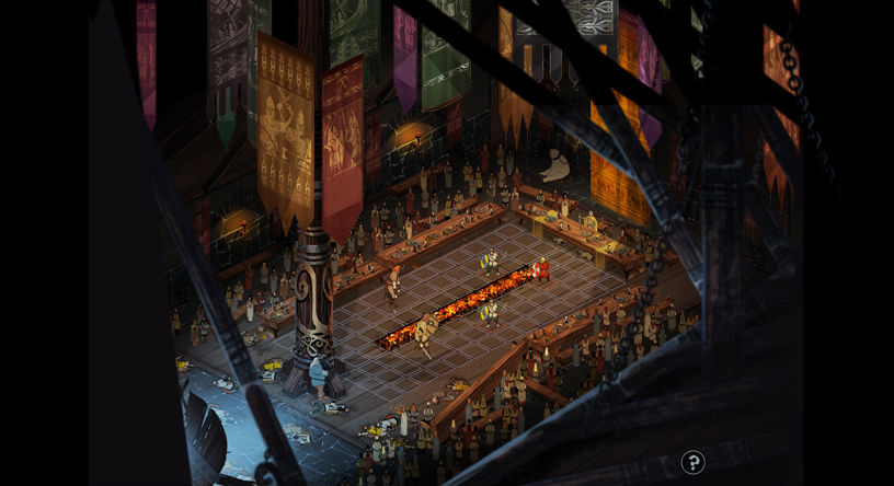 A tactical battle unfolds inside a large hall.