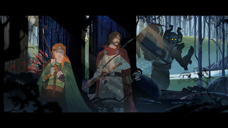 Travellers confront a towering figure in a wooded scene.