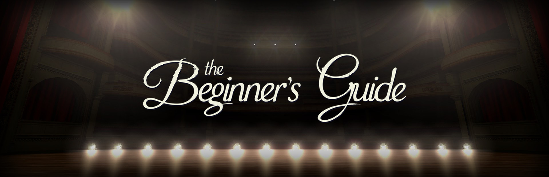 Official Steam library artwork places The Beginner’s Guide title over a theatrical scene with dark architectural forms.