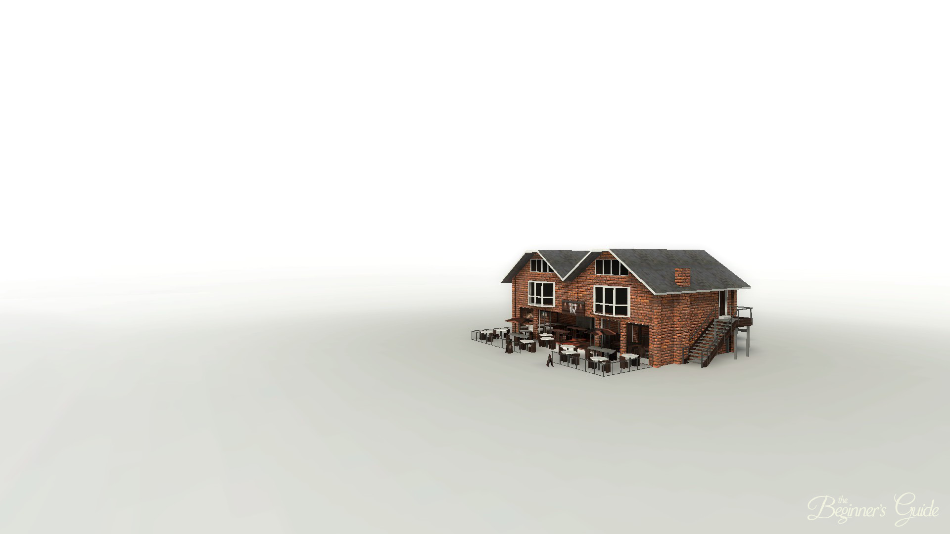 A small house stands alone in an otherwise white experimental space.
