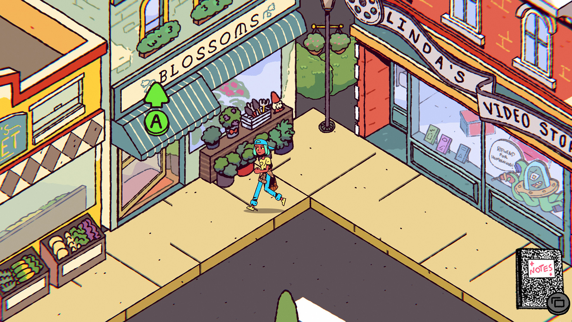 Ali walks between a florist and video store on a colourful town street.