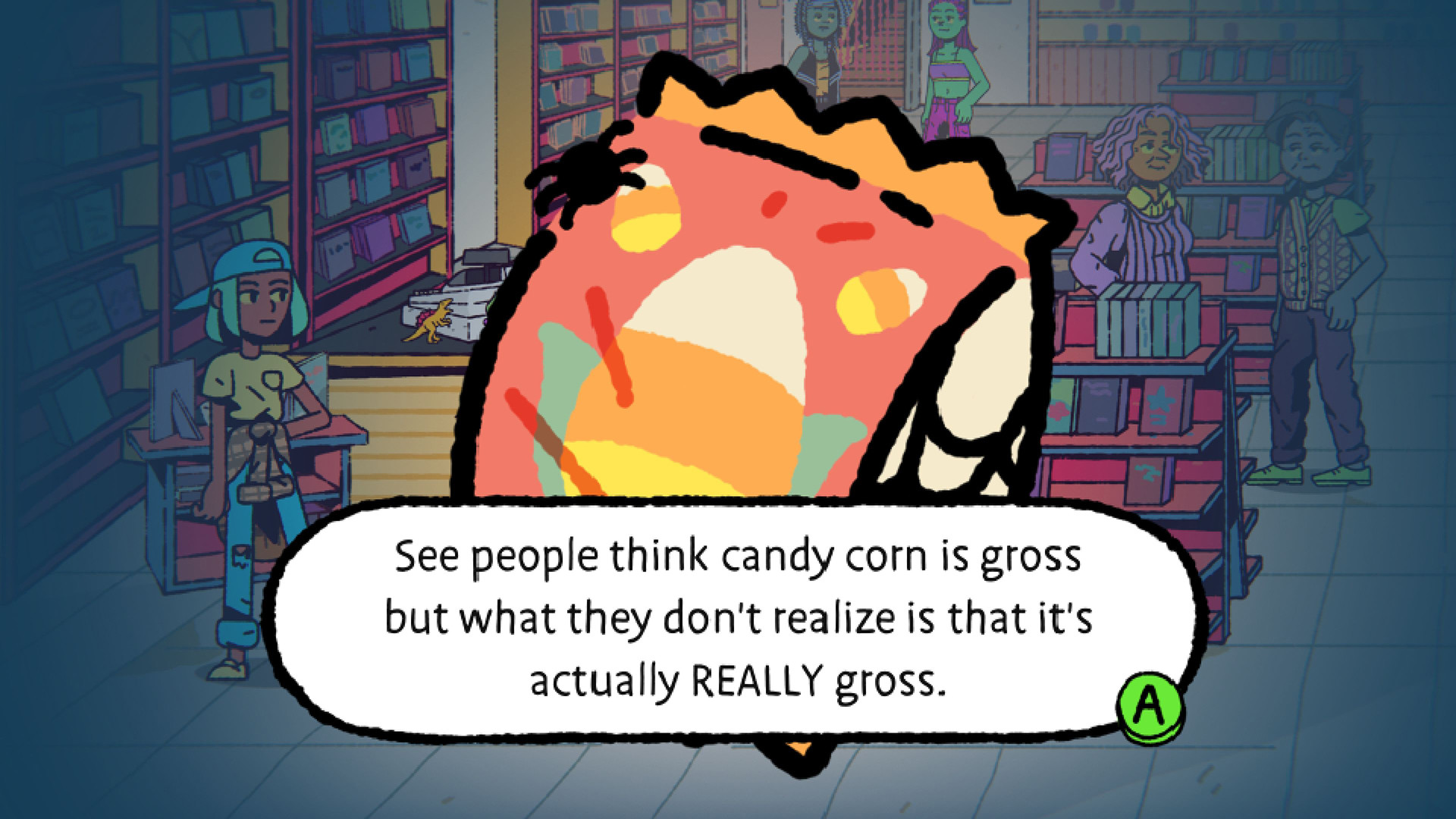 Ali speaks with a candy-corn character inside a bookshop.