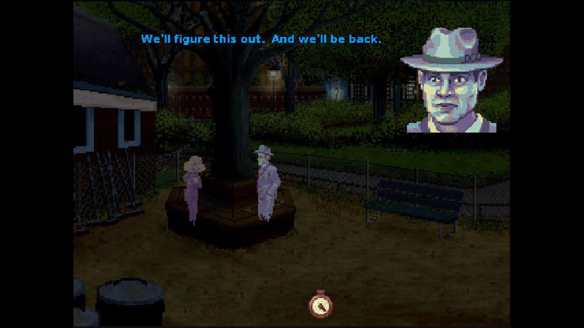 Joey speaks to Rosa beside a dark park fence.