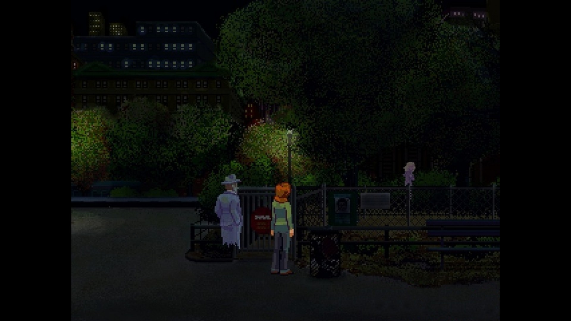 Rosa and Joey investigate a city park at night.
