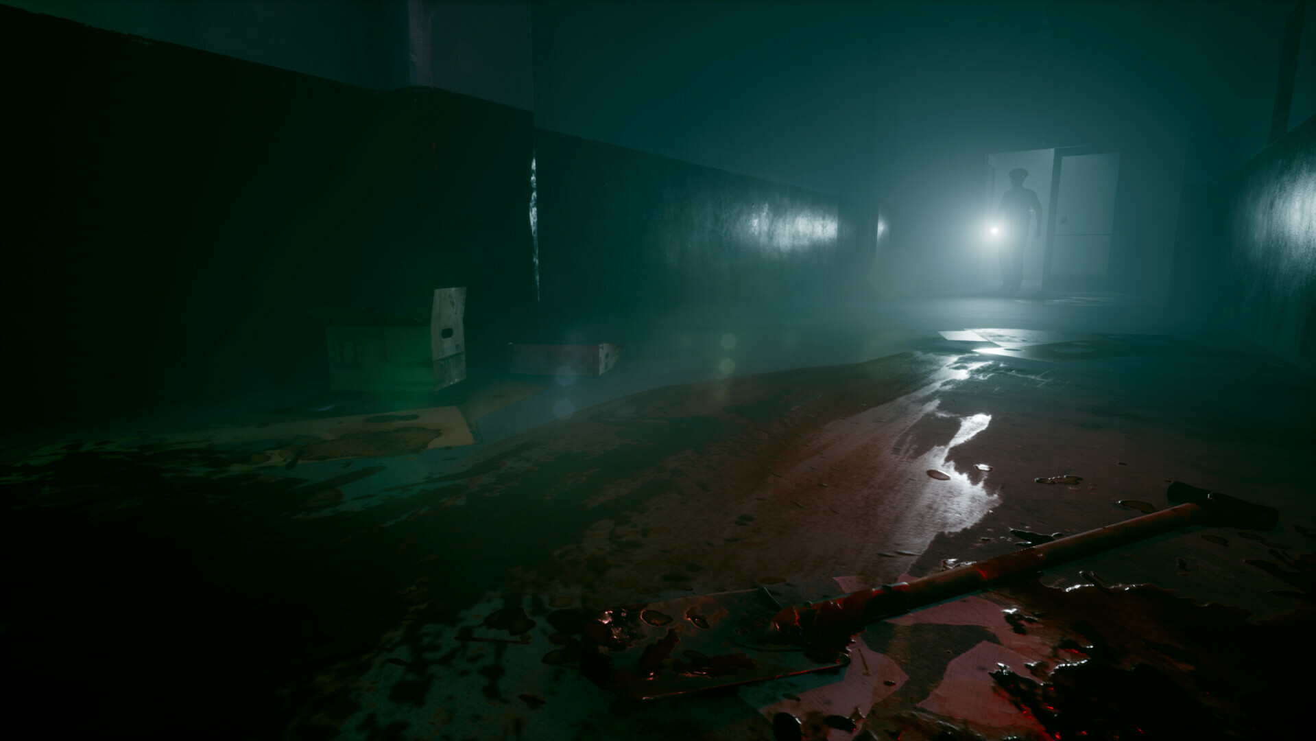 A figure stands in a teal-lit doorway beyond a bloodied corridor.
