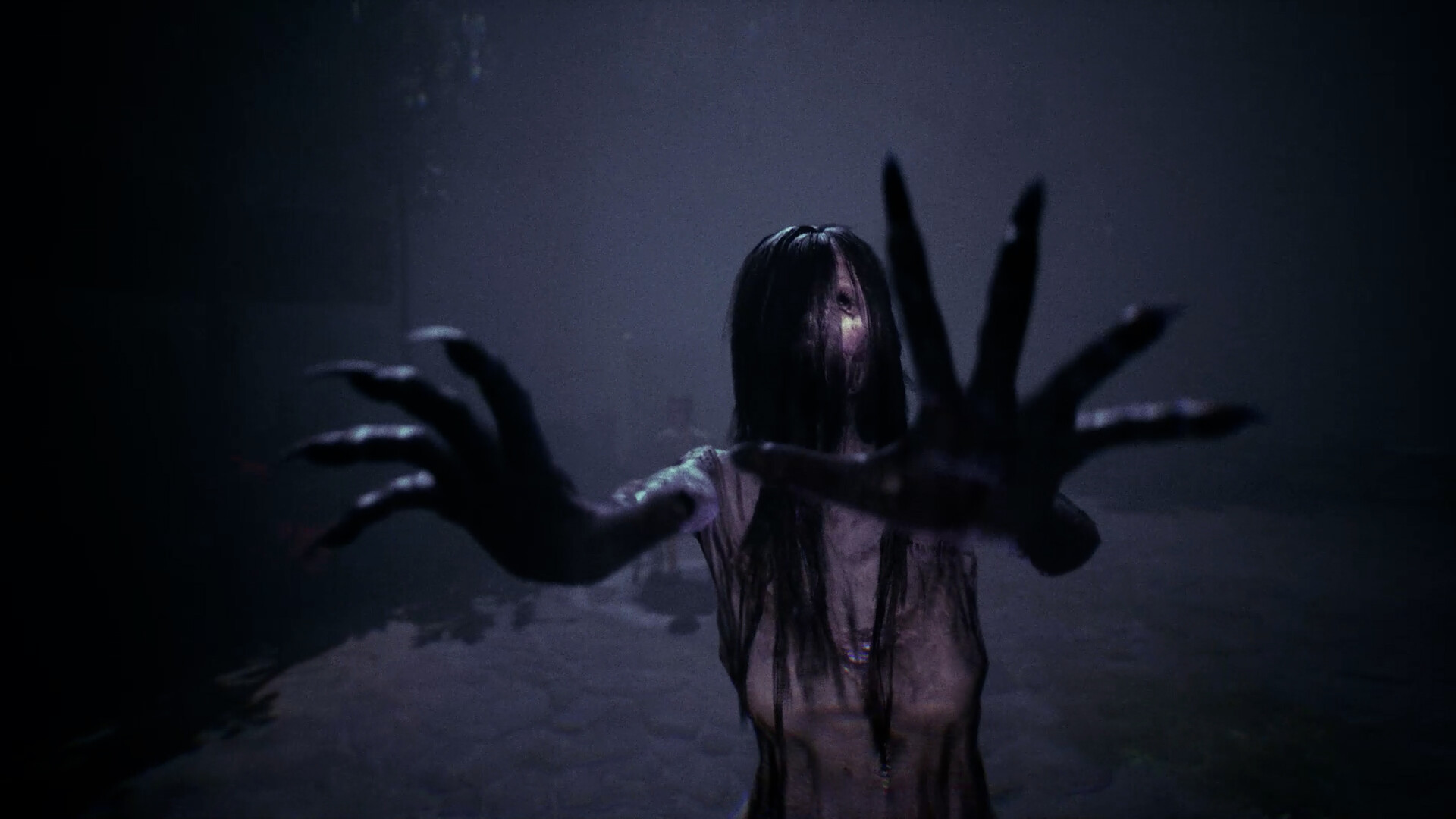 The bridge ghost reaches toward the viewer in a dark corridor.
