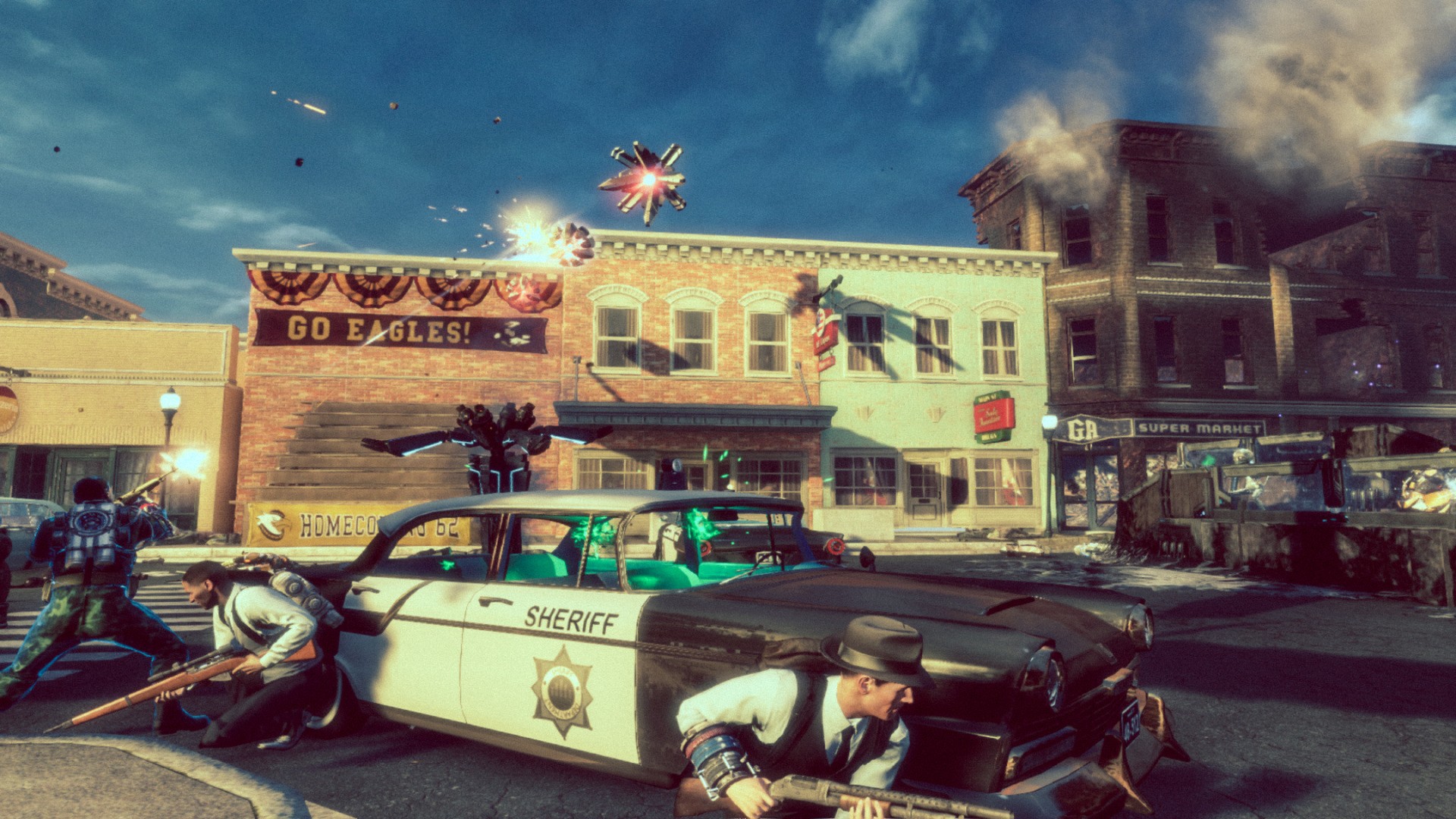 Agents take cover beside a sheriff’s car during an attack on a town.