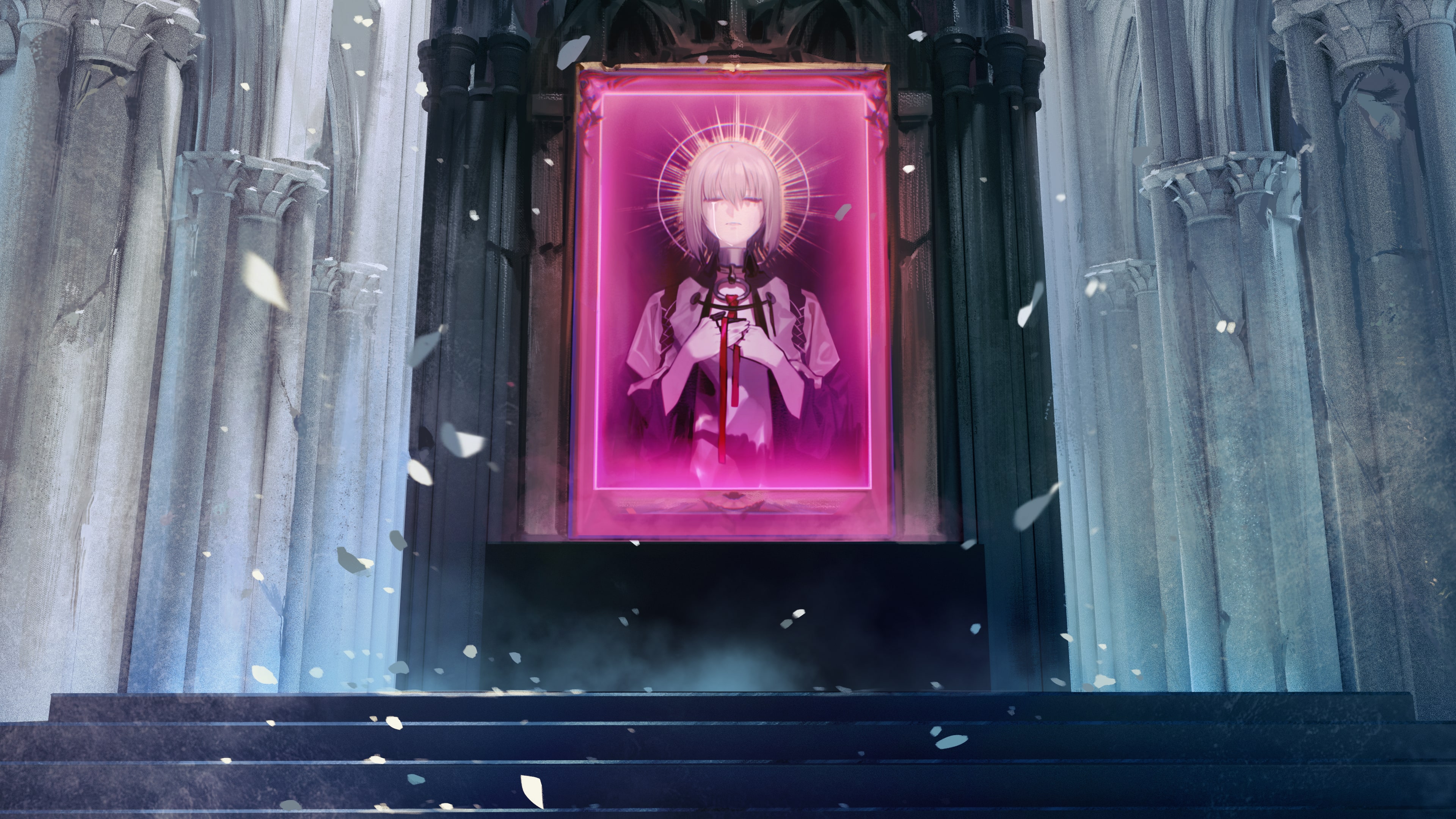 A pink portrait of Regret hangs over steps in the artificial world of Redo.