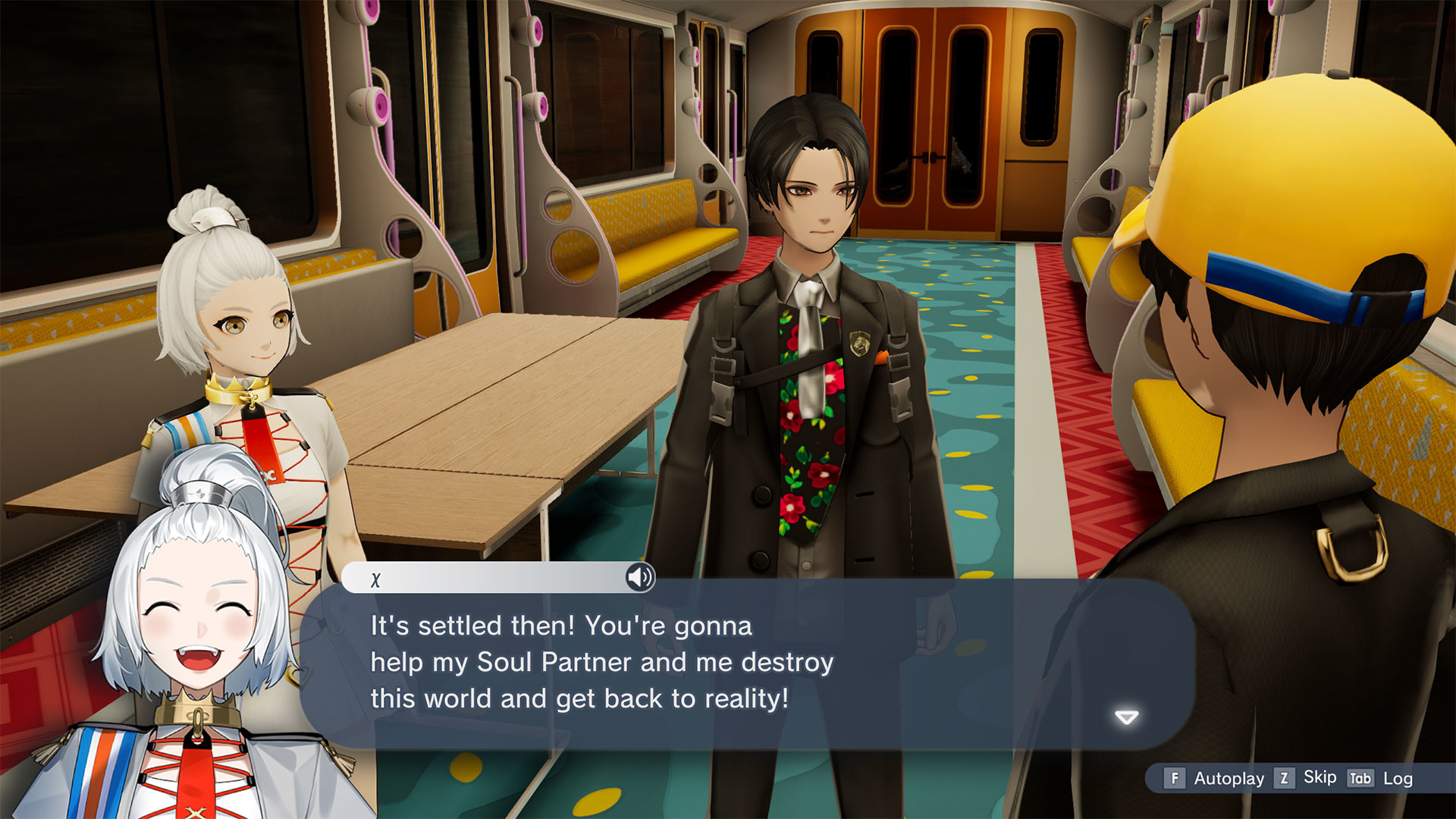 Party members speak inside a train carriage.
