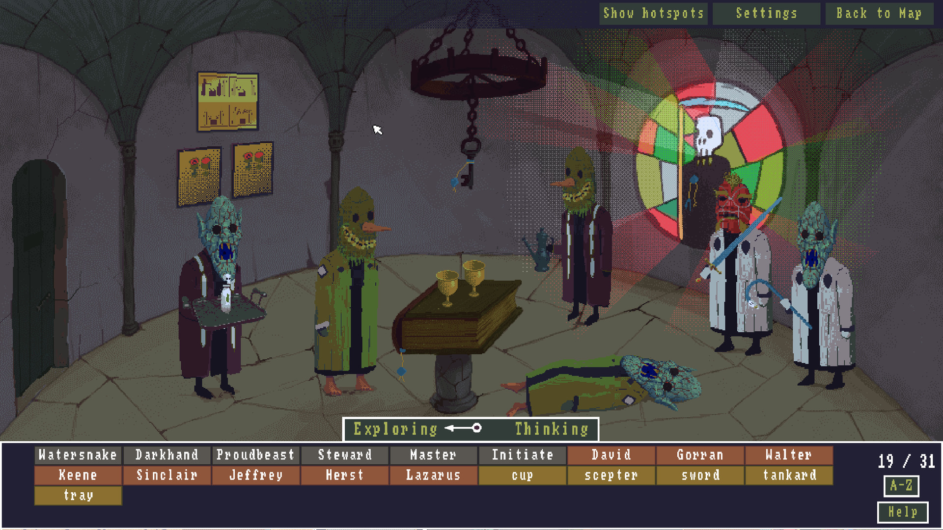An investigation scene shows suspects and a word bank beneath the room.