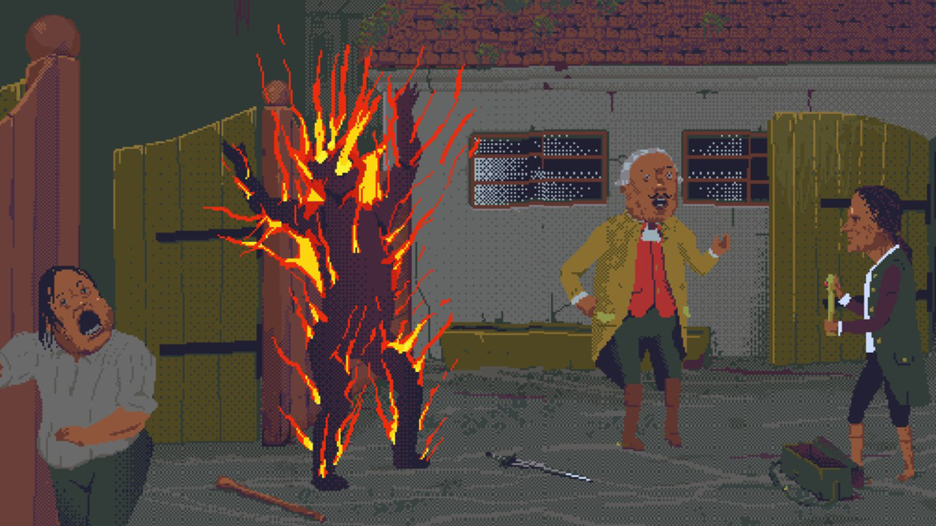 Witnesses recoil as a fiery form erupts inside a room.
