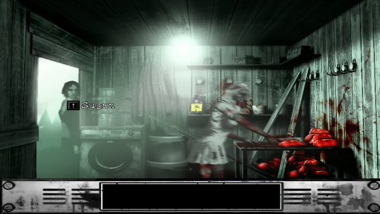 Susan faces a figure in a blood-streaked room beneath a harsh light.