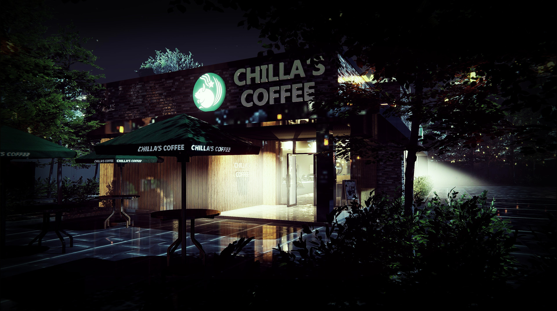 The illuminated Chilla’s Coffee café stands open at night.