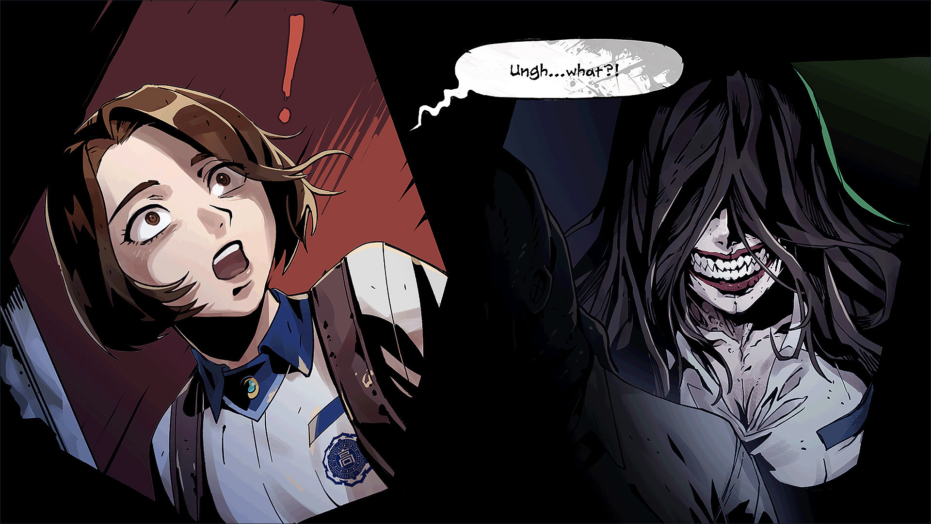 A drawn panel shows a frightened student beside a menacing figure.