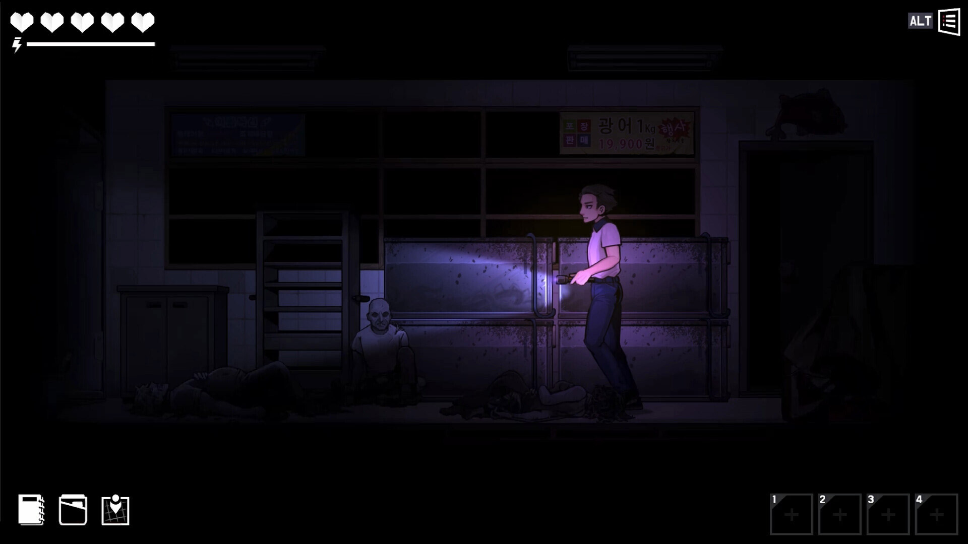 Youngho uses a flashlight to inspect a dark market room with bodies on the floor.