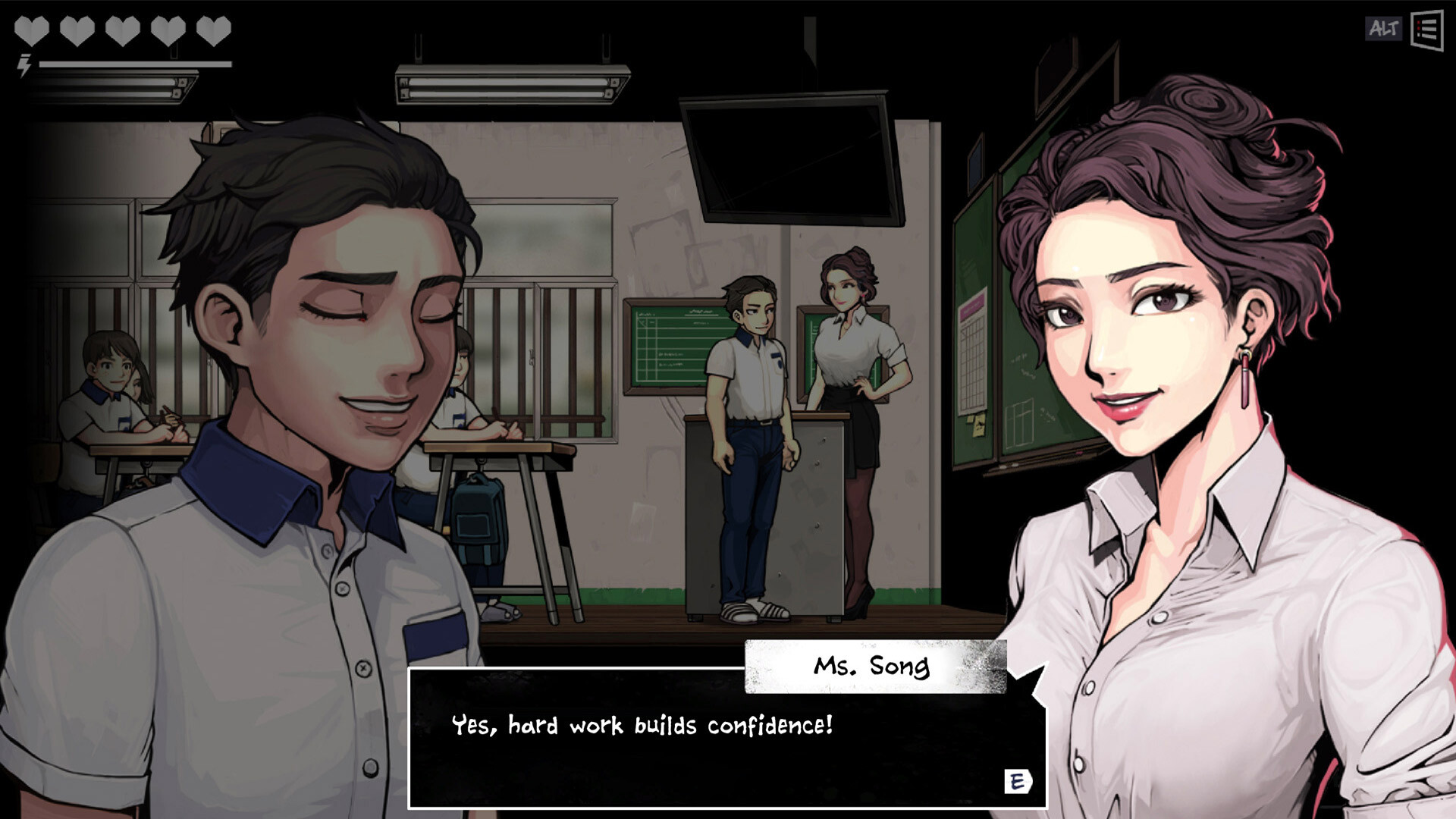 Youngho talks with Ms Song in a Sehwa classroom scene.