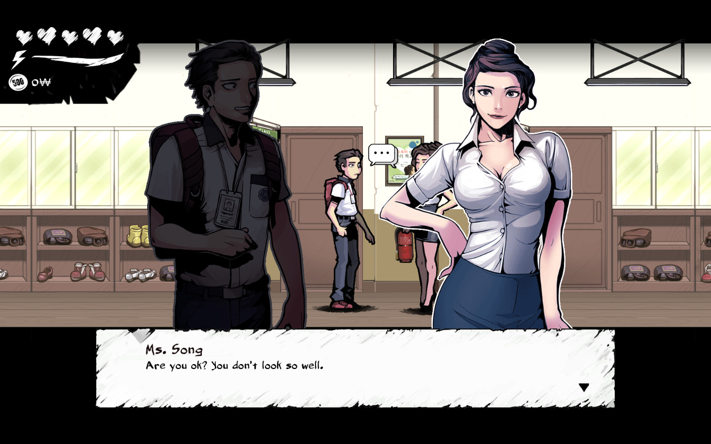 Youngho speaks with Ms Song in a busy school corridor before the nightmare begins.
