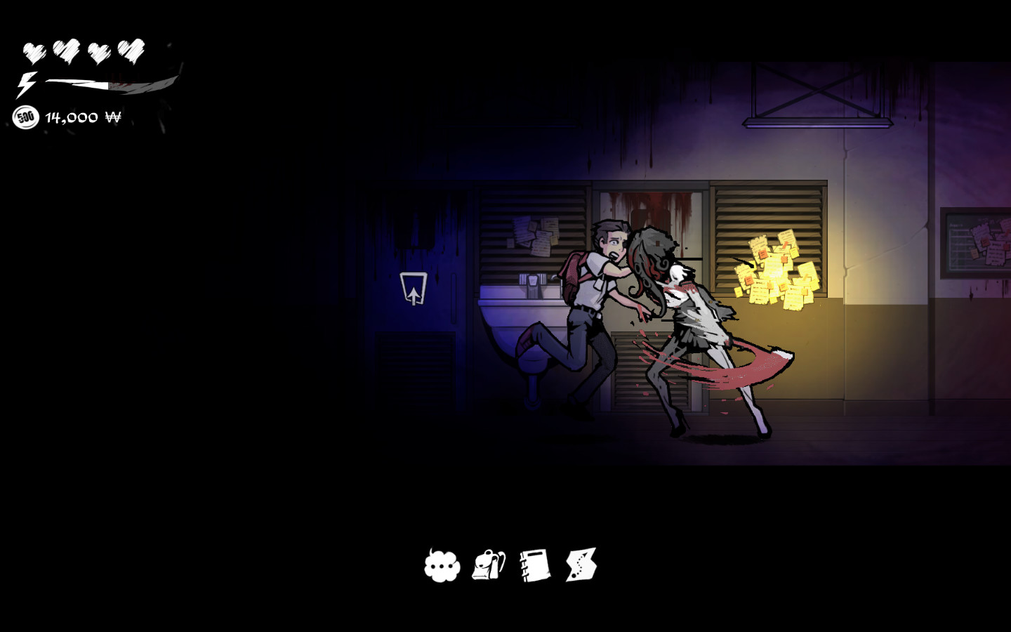 Youngho flees an attacker through a darkened school corridor.